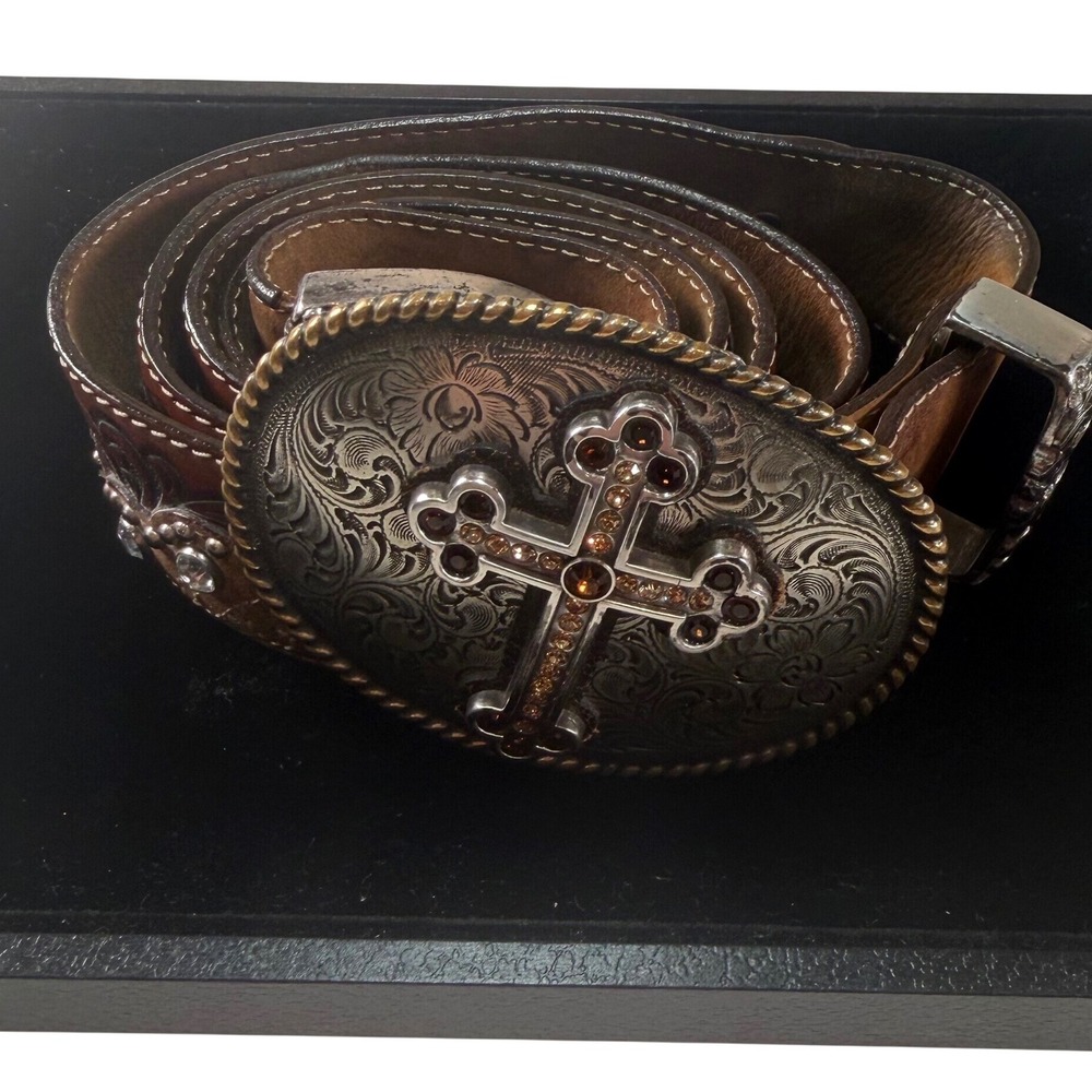 Nocona Leather Western Belt Rhinestone Cross Buckle Brown Cowgirl